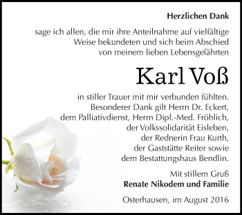 Traueranzeige von Karl Voß von Super Sonntag SGH Mansf. Land