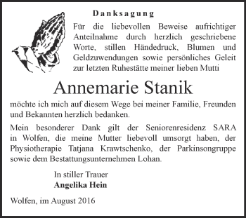 Traueranzeige von Annemarie Stanik von WVG - Wochenspiegel Bitterfeld