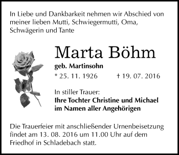 Traueranzeige von Marta Böhm von Mitteldeutsche Zeitung