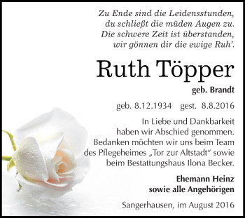 Traueranzeige von Ruth Töpper von Super Sonntag SGH Mansf. Land