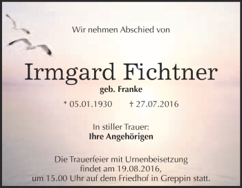 Traueranzeige von Irmgard Fichtner von WVG - Wochenspiegel Bitterfeld