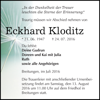 Traueranzeige von Eckhard Kloditz von Super Sonntag SGH Mansf. Land