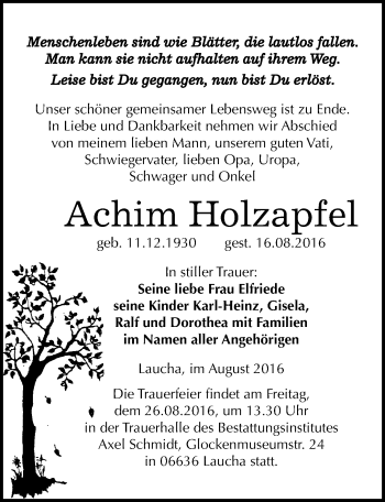 Traueranzeige von Achim Holzapfel von Mitteldeutsche Zeitung Naumburg/Nebra