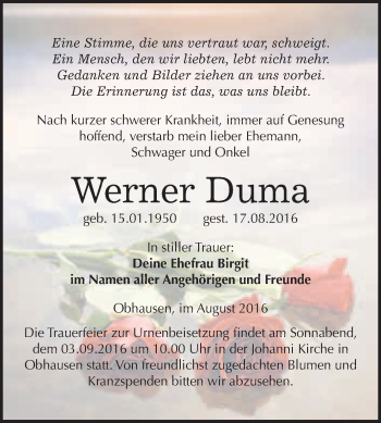 Traueranzeige von Werner Duma von WVG - Wochenspiegel Merseburg