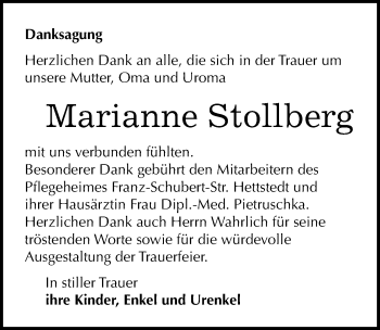 Traueranzeige von Marianne Stollberg von Mitteldeutsche Zeitung Mansfelder Land