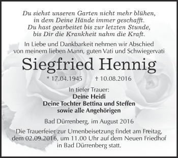 Traueranzeige von Siegfried Hennig von Super Sonntag Merseburg