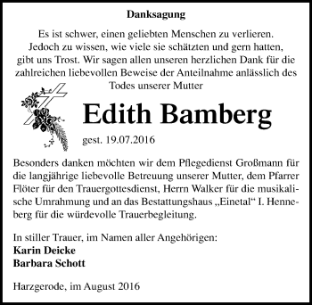 Traueranzeige von Edith Bamberg von Mitteldeutsche Zeitung Quedlinburg