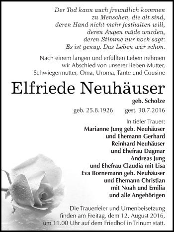 Traueranzeige von Elfriede Neuhäuser von WVG - Wochenspiegel Dessau / Köthen