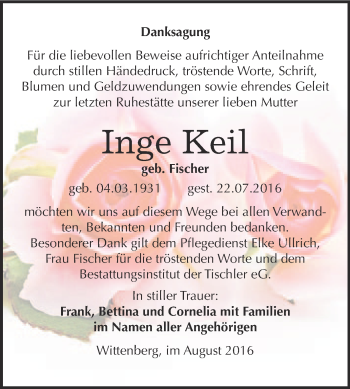 Traueranzeige von Inge Keil von WVG - Wochenspiegel Wittenberg