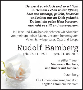 Traueranzeige von Rudolf Bamberg von Mitteldeutsche Zeitung Naumburg/Nebra