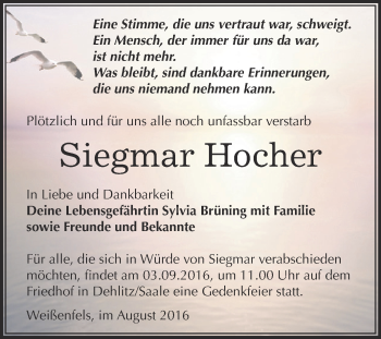 Traueranzeige von Siegmar Hocher von WVG - Wochenspiegel NMB / WSF / ZTZ