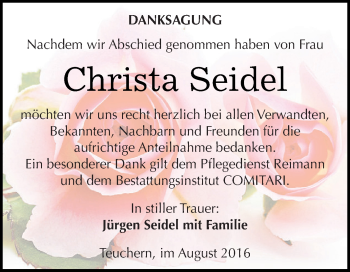 Traueranzeige von Christa Seidel von WVG - Wochenspiegel NMB / WSF / ZTZ