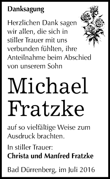 Traueranzeige von Michael Fratzke von WVG - Wochenspiegel Merseburg