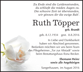 Traueranzeige von Ruth Töpper von Mitteldeutsche Zeitung Sangerhausen