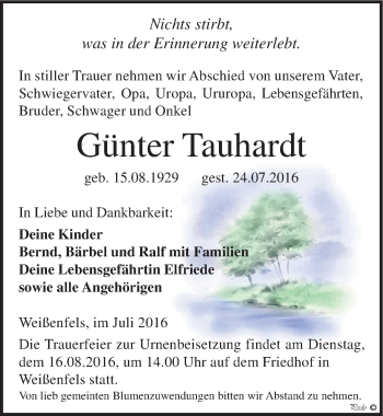 Traueranzeige von Günter Tauhardt von Mitteldeutsche Zeitung Weißenfels