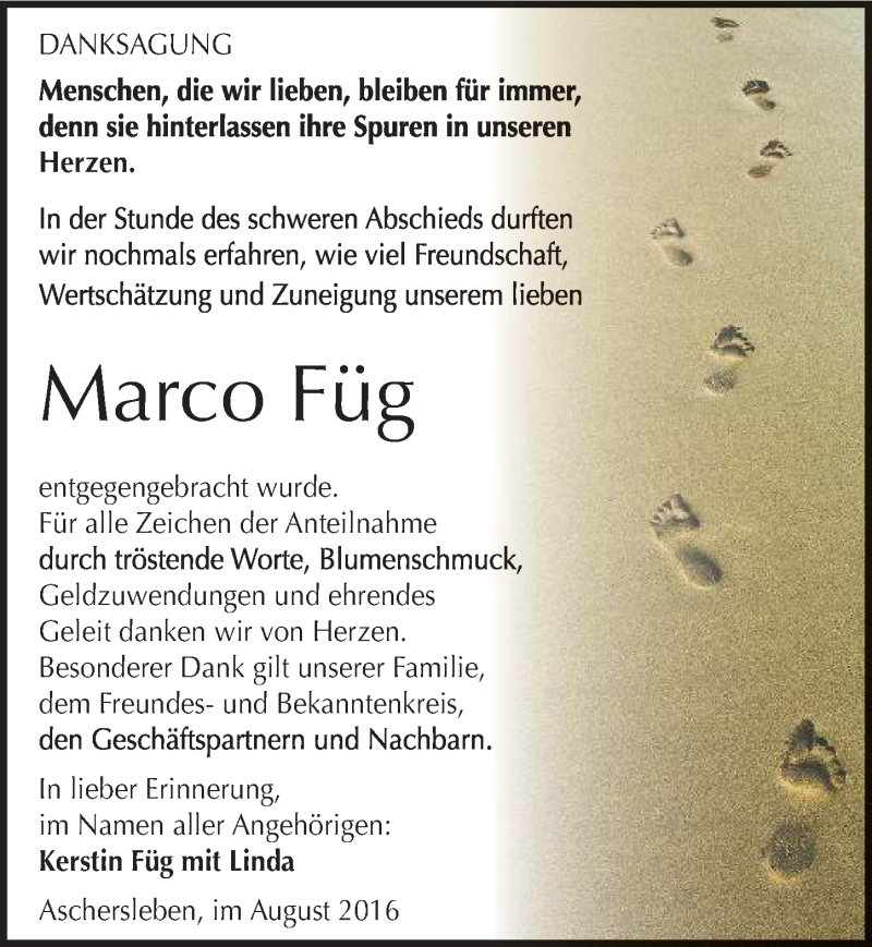  Traueranzeige für Marco Füg vom 27.08.2016 aus Mitteldeutsche Zeitung Aschersleben