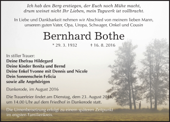 Traueranzeige von Bernhard Bothe von Mitteldeutsche Zeitung Quedlinburg