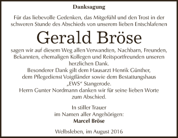 Traueranzeige von Gerald Bröse von Wochenspiegel Mansfelder Land