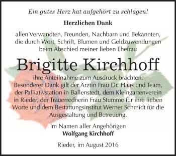 Traueranzeige von Brigitte Kirchhoff von WVG - Wochenspiegel Quedlinburg