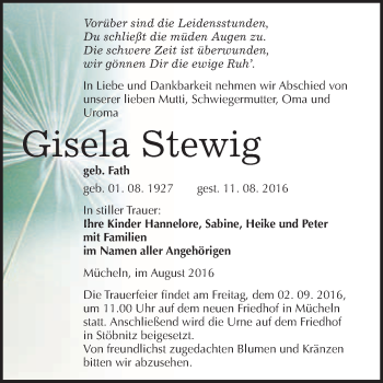 Traueranzeige von Gisela Stewig von WVG - Wochenspiegel Merseburg
