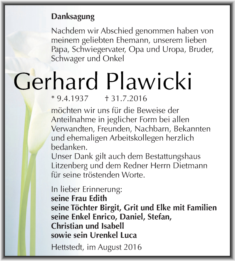  Traueranzeige für Gerhard Plawicki vom 13.08.2016 aus Super Sonntag SGH Mansf. Land