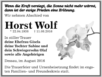 Traueranzeige von Horst Wolf von Mitteldeutsche Zeitung Dessau-Roßlau