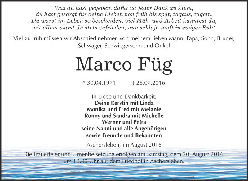  Traueranzeige für Marco Füg vom 06.08.2016 aus Super Sonntag Aschersleben