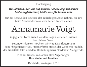 Traueranzeige von Annamarie Voigt von Super Sonntag SGH Mansf. Land