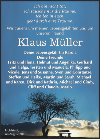 Traueranzeige von Klaus Müller von Super Sonntag SGH Mansf. Land