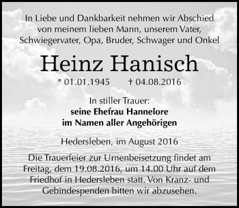 Traueranzeige von Heinz Hanisch von Mitteldeutsche Zeitung Mansfelder Land
