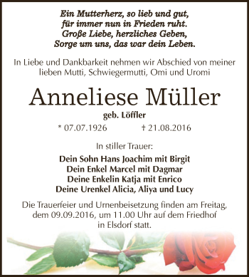 Traueranzeige von Anneliese Müller von WVG - Wochenspiegel Dessau / Köthen