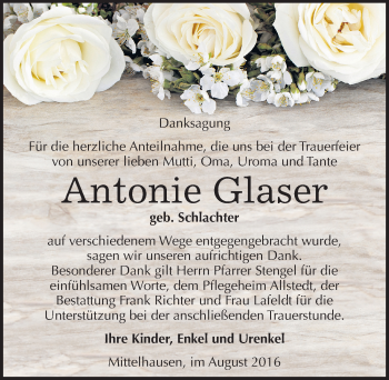 Traueranzeige von Antonie Glaser von Mitteldeutsche Zeitung Sangerhausen