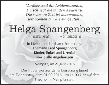 Traueranzeige von Helga Spangenberg von Super Sonntag Merseburg