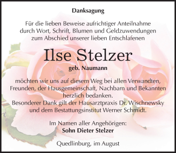 Traueranzeige von Ilse Stelzer von Mitteldeutsche Zeitung Quedlinburg