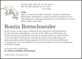 Traueranzeige von Rosita Bretschneider von Mitteldeutsche Zeitung