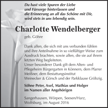 Traueranzeige von Charlotte Wendelberger von Super Sonntag SGH Mansf. Land