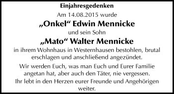Traueranzeige von Edwin und Walter Mennicke von Mitteldeutsche Zeitung Quedlinburg