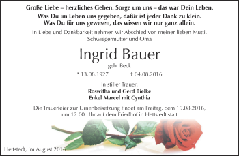 Traueranzeige von Ingrid Bauer von Super Sonntag SGH Mansf. Land