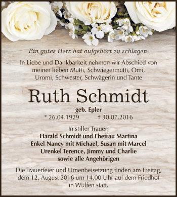 Traueranzeige von Ruth Schmidt von WVG - Wochenspiegel Dessau / Köthen