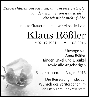 Traueranzeige von Klaus Rößler von Mitteldeutsche Zeitung Sangerhausen