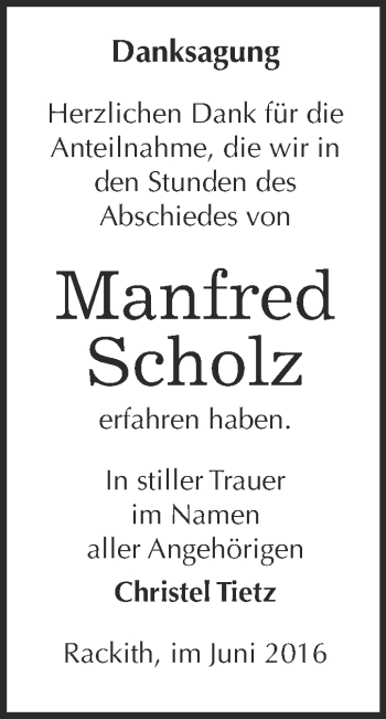 Traueranzeige von Manfred Scholz von Super Sonntag Wittenberg