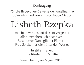 Traueranzeige von Lisbeth Rzepka von WVG - Wochenspiegel Wittenberg