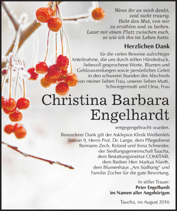 Traueranzeige von Christina Barbara Engelhardt von Mitteldeutsche Zeitung Weißenfels