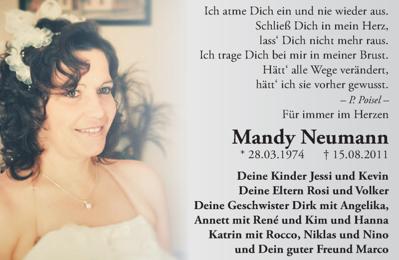  Traueranzeige für Mandy Neumann vom 15.08.2016 aus Mitteldeutsche Zeitung Wittenberg