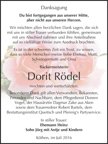 Traueranzeige von Dorit Rödel von WVG - Wochenspiegel Dessau / Köthen