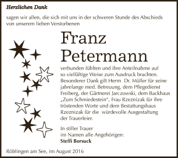 Traueranzeige von Franz Petermann von Wochenspiegel Mansfelder Land