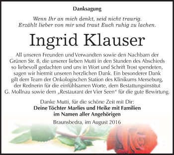 Traueranzeige von Ingrid Klauser von WVG - Wochenspiegel Merseburg