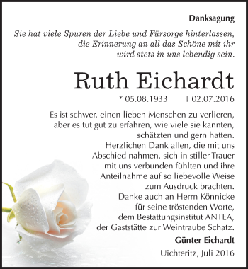 Traueranzeige von Ruth Eichardt von Mitteldeutsche Zeitung Weißenfels
