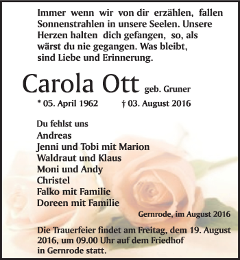 Traueranzeige von Carola Ott von Mitteldeutsche Zeitung Quedlinburg