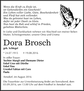 Traueranzeige von Dora Brosch von Mitteldeutsche Zeitung Mansfelder Land
